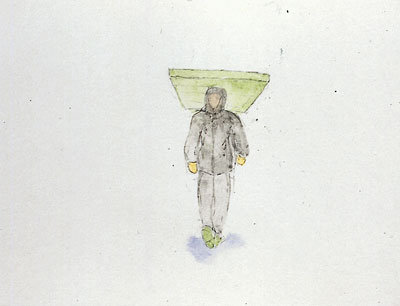 Watercolour of hooded figure walking carrying a mattress on his head
